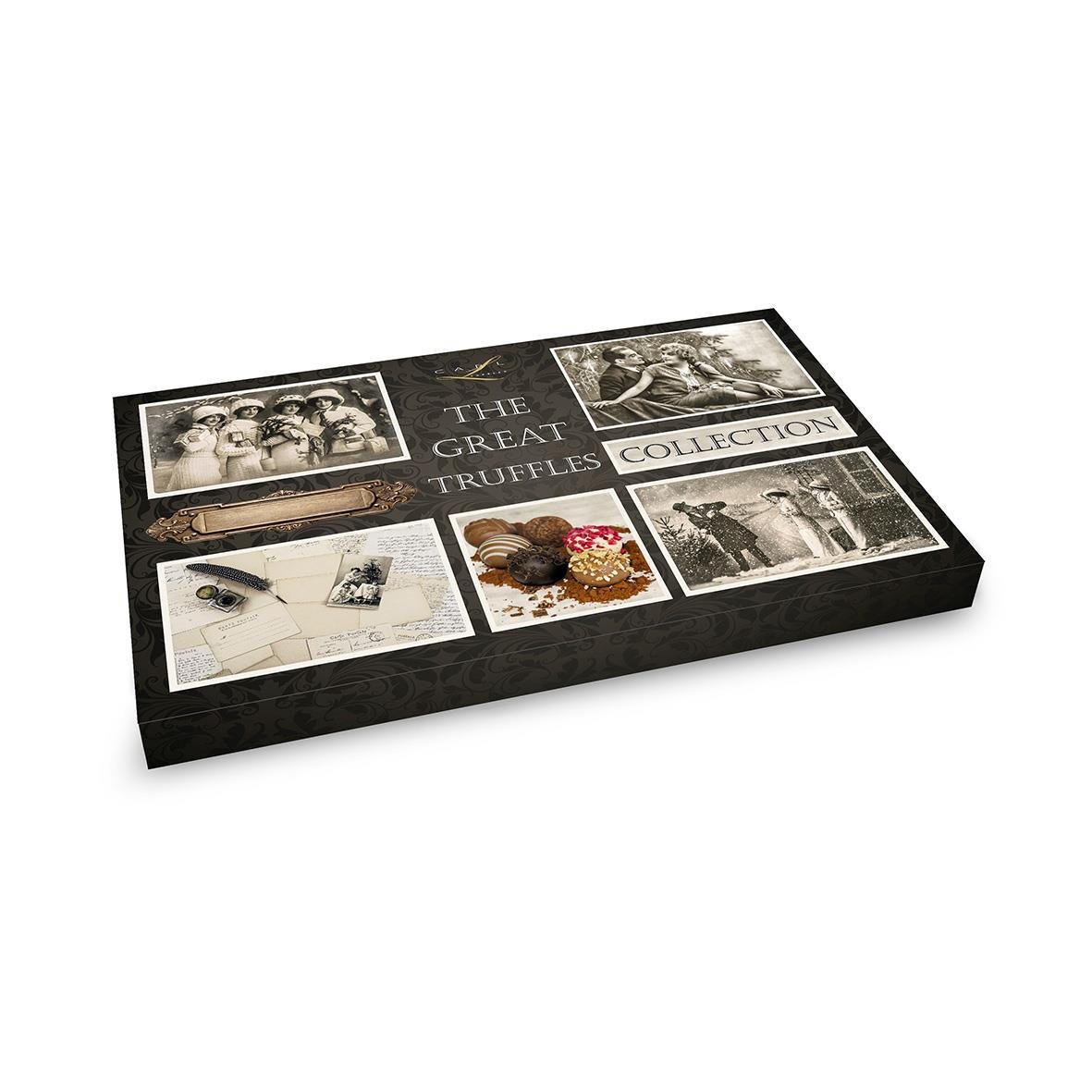 Chokladtrüffel samling i presentask med bilder och text