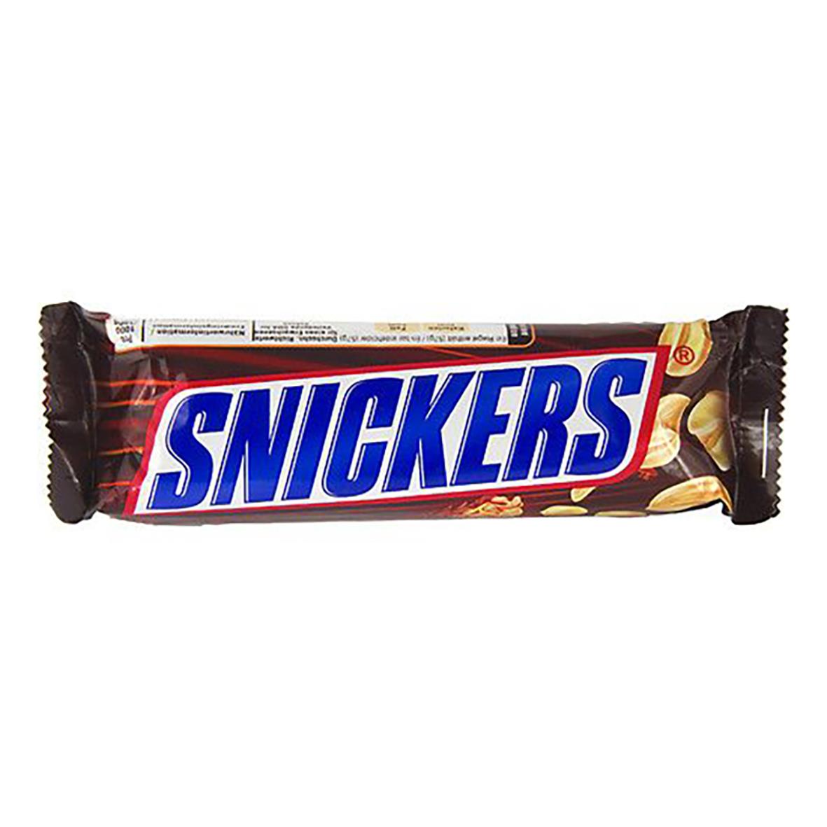 Choklad Snickers singel 50g i förpackning med blå och guld design