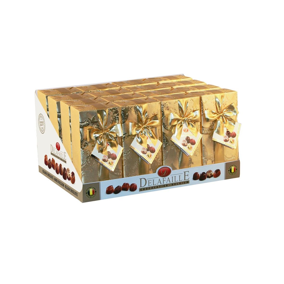 Guld- och vit presentask med belgiska chokladpraliner 200g, öppen för att visa pralinerna
