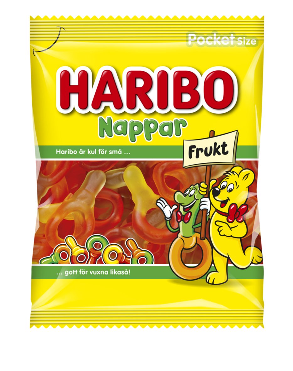 Godis Haribo Nappar frukt 80g i gul påse med lejon och fruktmotiv