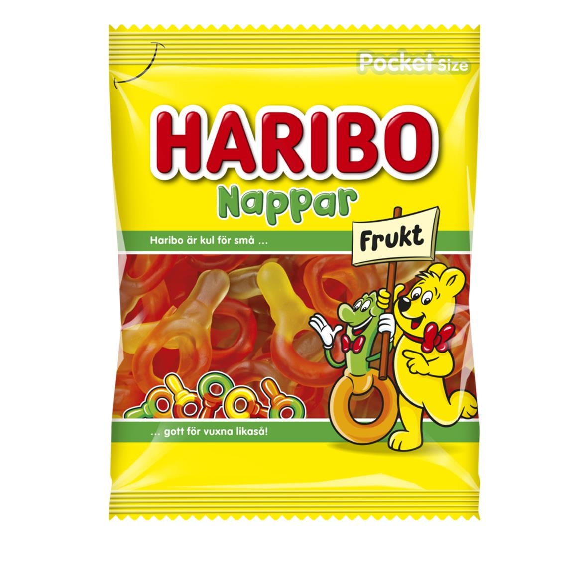 Godis Haribo Nappar frukt 80g i gul påse med lejon och fruktmotiv