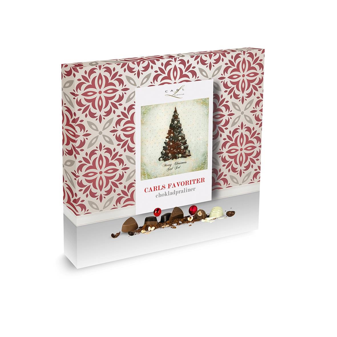 Choklad Carls Favoriter 605g presentask med julgranmotiv och chokladbitar
