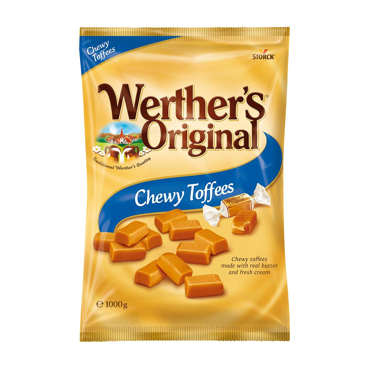 Godis Werther's Chewy Toffees 1000g i gul påse med toffees och blå etikett