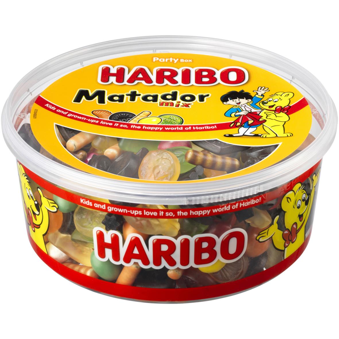 Haribo Matador Mix godis i rund plastburk med tecknade figurer och färgglada godisbitar