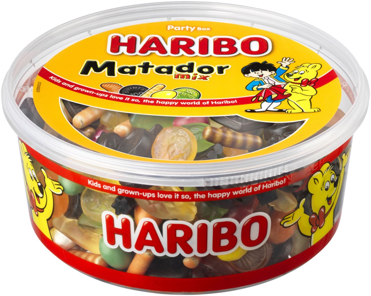 Haribo Matador Mix godis i rund plastburk med tecknade figurer och färgglada godisbitar