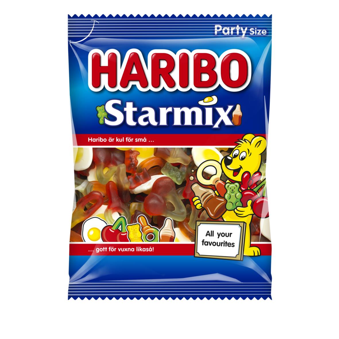 Haribo Starmix godis i 750g påse med olika godissorter och en tecknad björnfigur