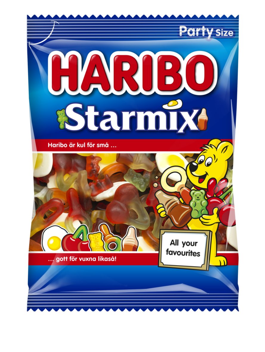 Haribo Starmix godis i 750g påse med olika godissorter och en tecknad björnfigur