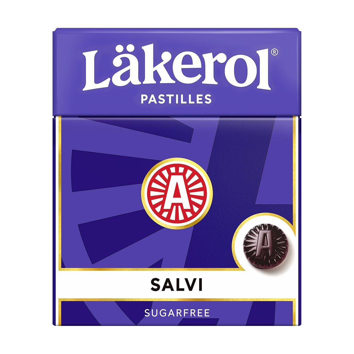 Läkerol pastillaskar med salviasmak och sockerfri märkning