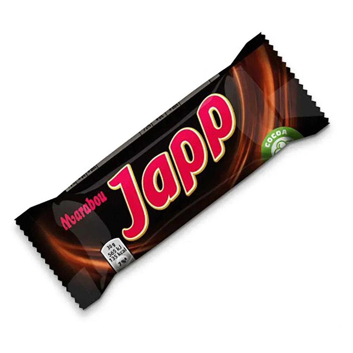 Choklad Marabou Japp Single 30g i svart förpackning med bild av choklad