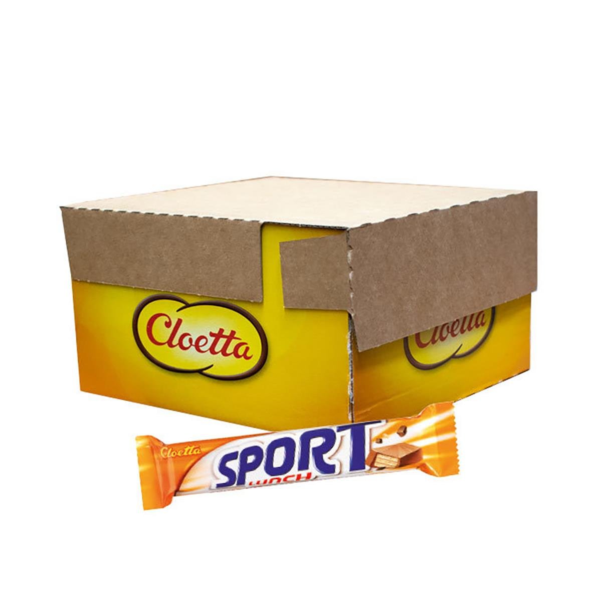 Choklad Cloetta Sportlunch 50g i öppen kartong med en chokladbar framför