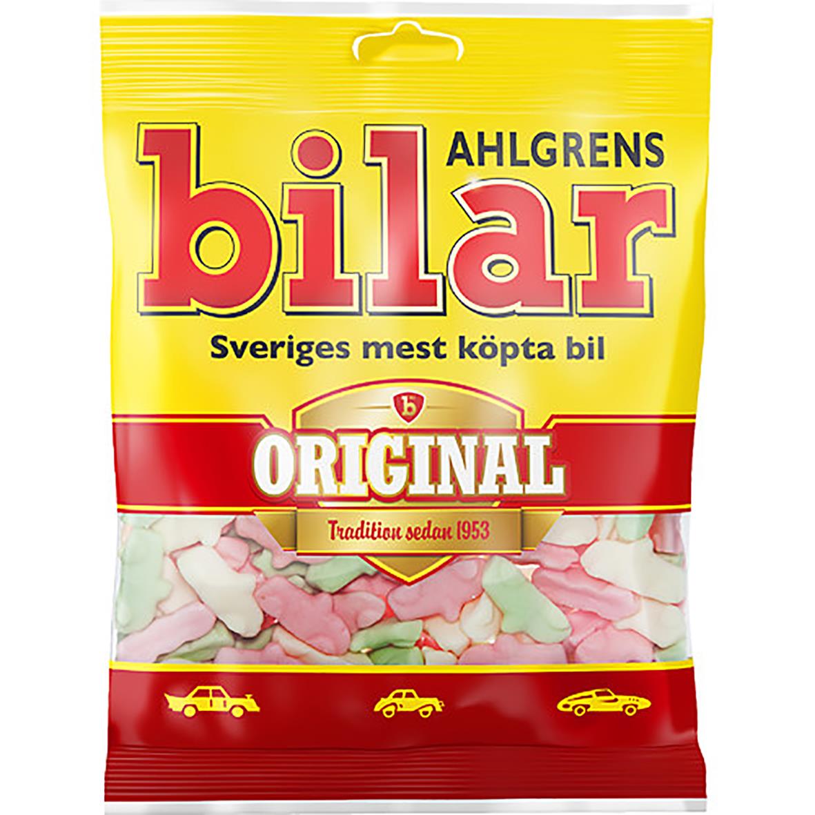 Godis Ahlgrens bilar original 125g i gul och röd förpackning med bilmotiv