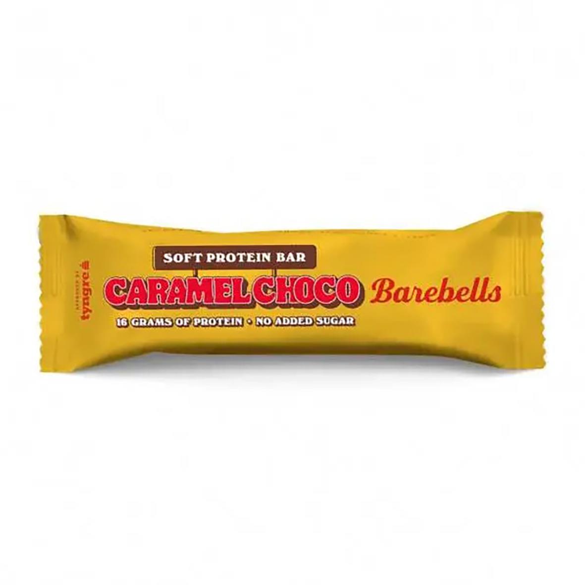 Proteinbar Barebells Soft Caramel Choko 55g i gul förpackning med röd och svart text