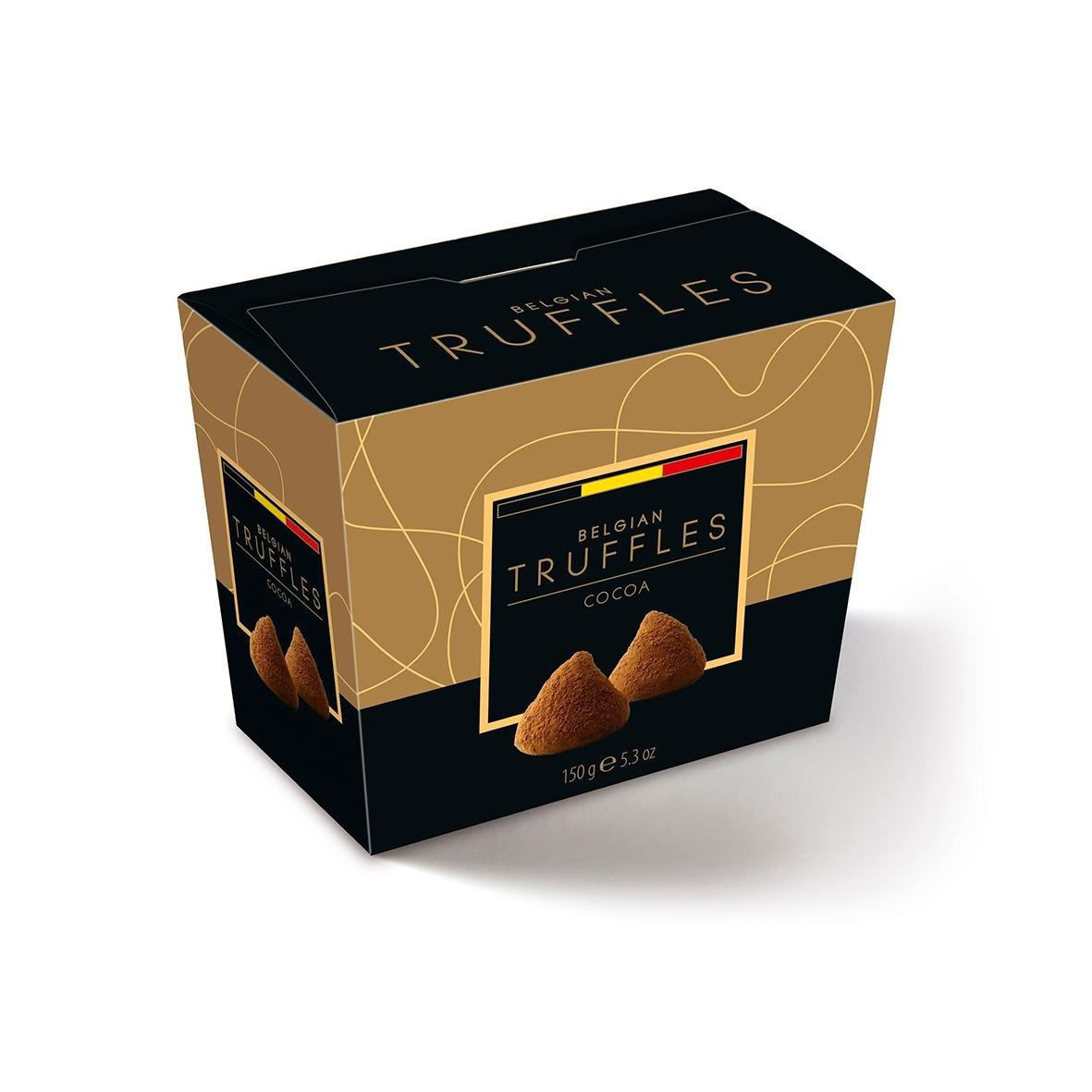 Chokladtryfflar i svart och guldförpackning med bild av tryfflar och text Belgeian Truffles Cocoa 150g