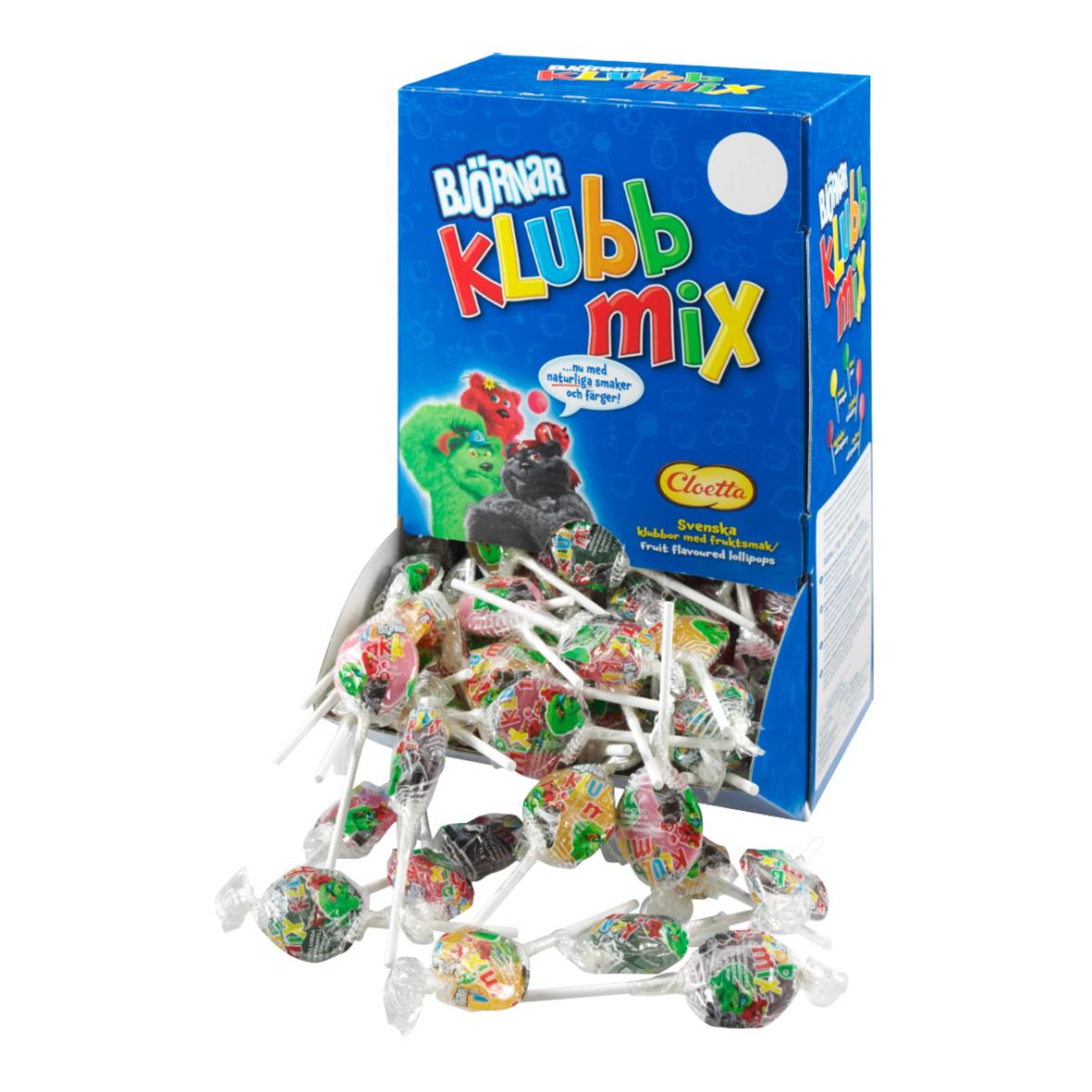 Godisklubba Cloetta Björnar Klubbmix 2kg i blå kartong med godis utanför