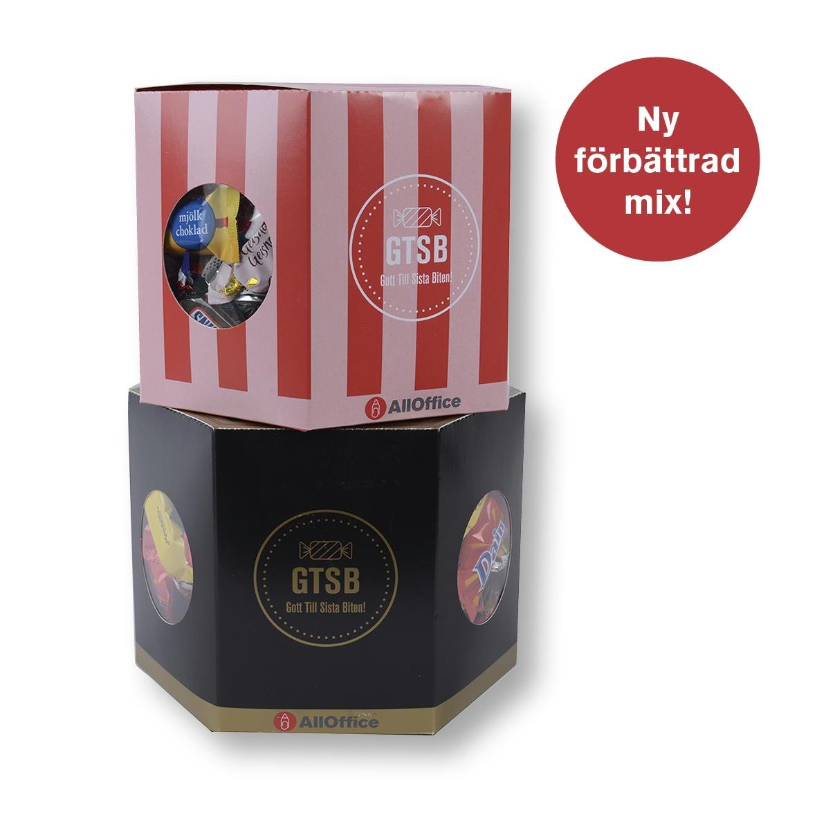 Godis AllOffice GTSB 1000g i två staplade burkar, en röd och vit randig och en svart med gulddetaljer
