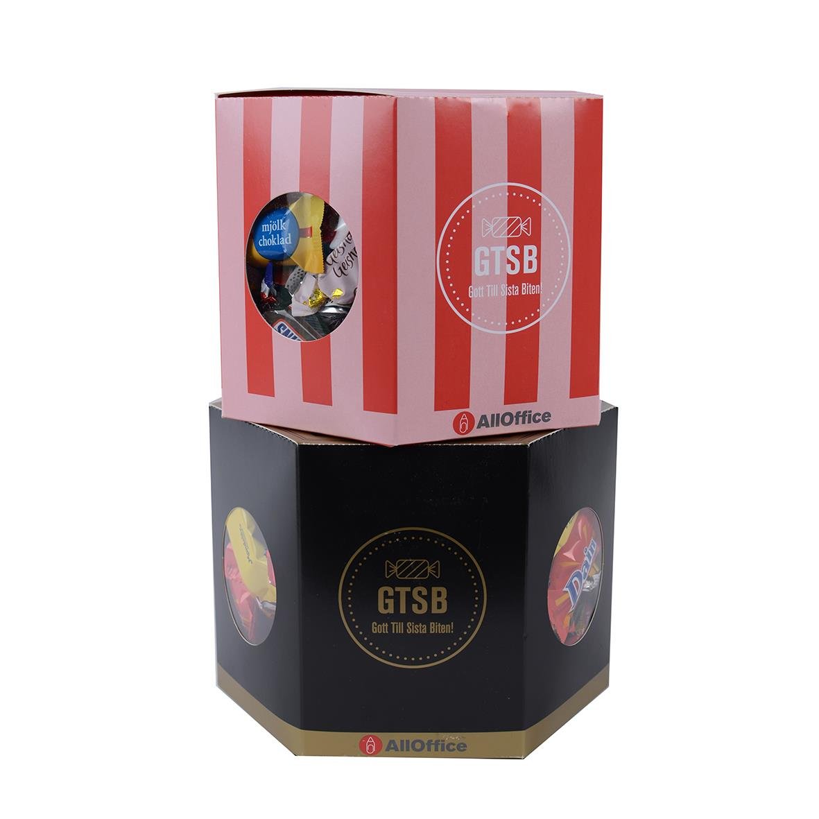 Godis AllOffice GTSB 1000g i två staplade burkar, en röd och vit randig och en svart med gulddetaljer