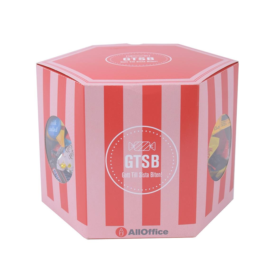 Rosa och vit randig godispåse med GTSB och AllOffice-logga