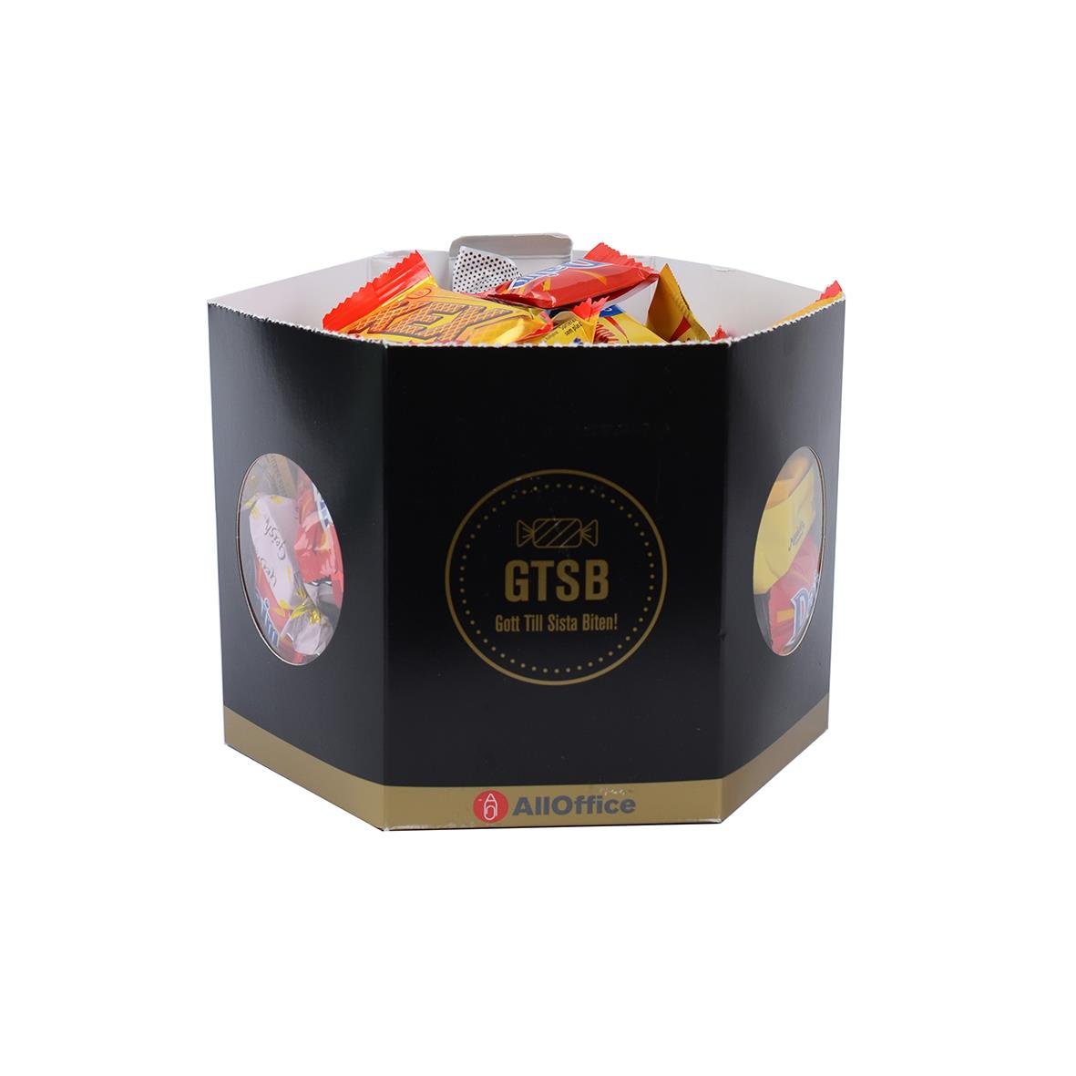 Stor svart godisskål med GTSB och AllOffice-märken, fylld med olika godisbitar, 1000g