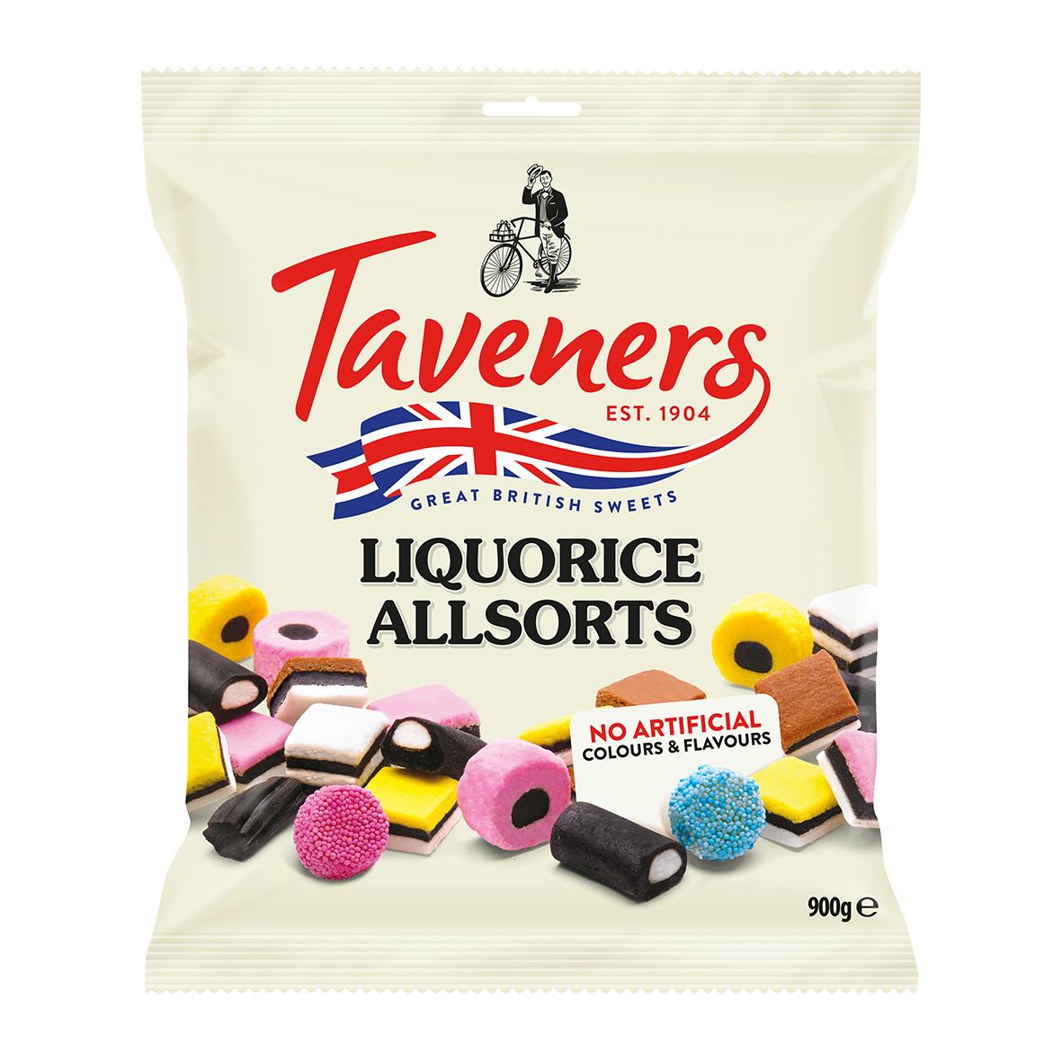 Påse med Godis Taveners Lakritskonfekt i olika färger och former, 900g, utan konstgjorda färger