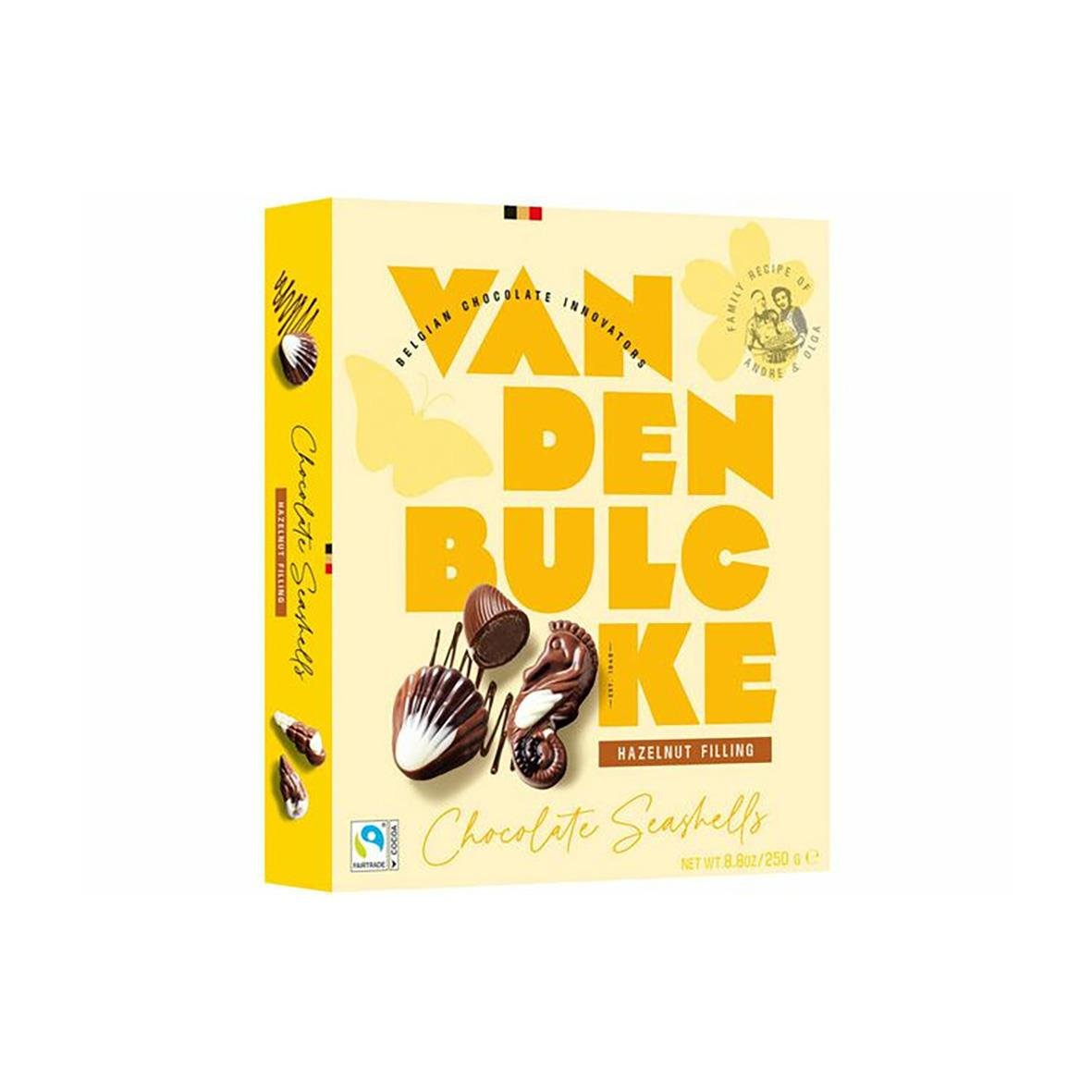 Choklad Belgiska Sjöfrukter 250g i gul kartong med text och bilder av chokladgodis