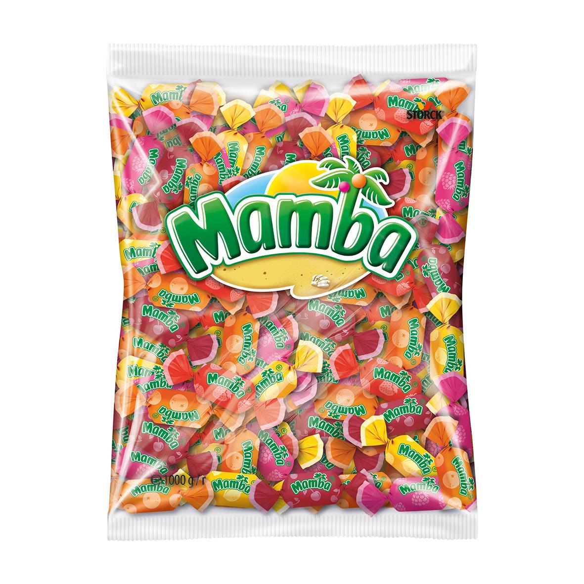 Stor påse med Mamba fruktkola i olika färger och former