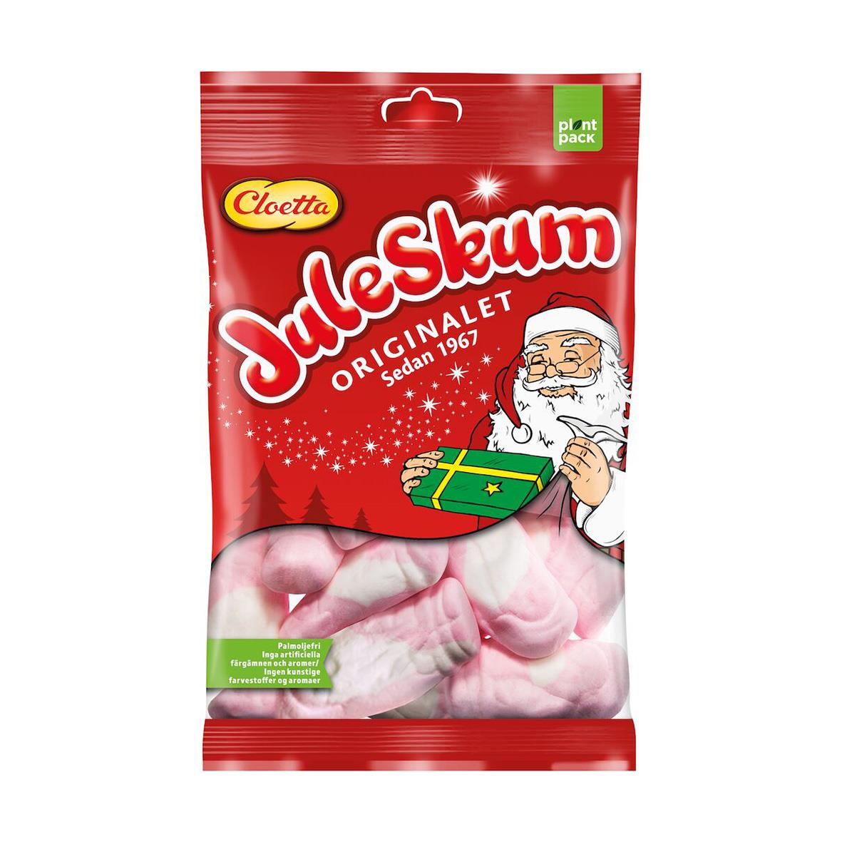 Godis Cloetta Juleskum 100g i röd påse med tomteillustration och julstjärnor