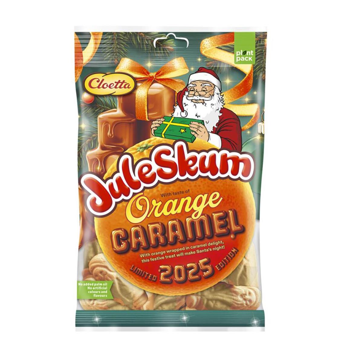 Godis Cloetta Juleskum Orange Caramel 100g i påse med julmotiv och tomte