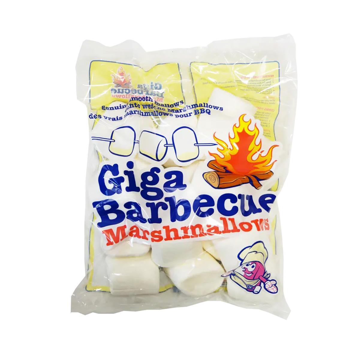 Giga BBQ marshmallows i 400g för grillning, i påse med bild av eld och marshmallowfigur