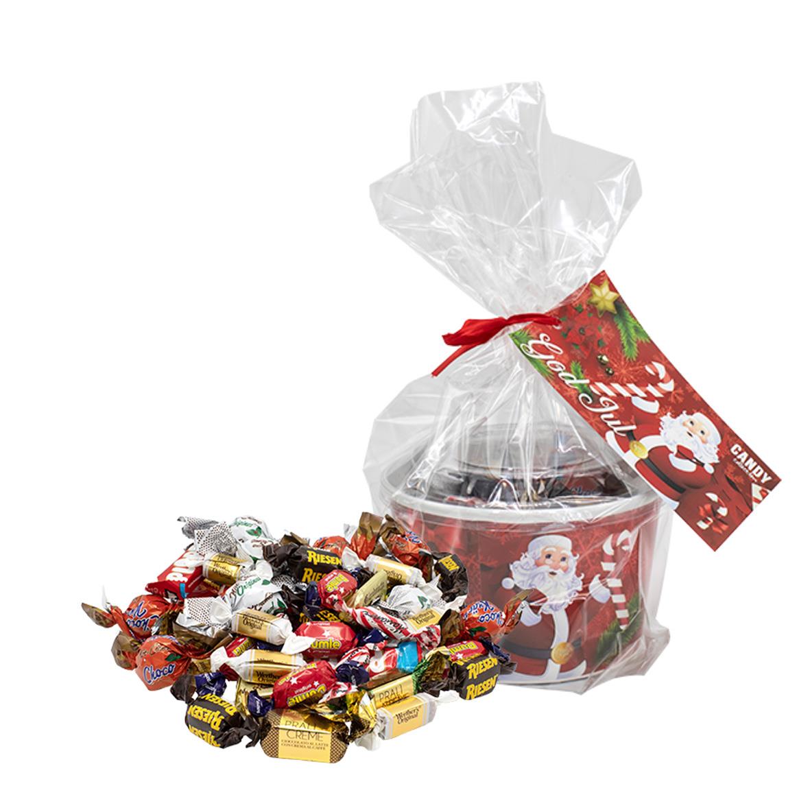 Julgodis i lyxburk med röd rosett och julmotiv, 518g