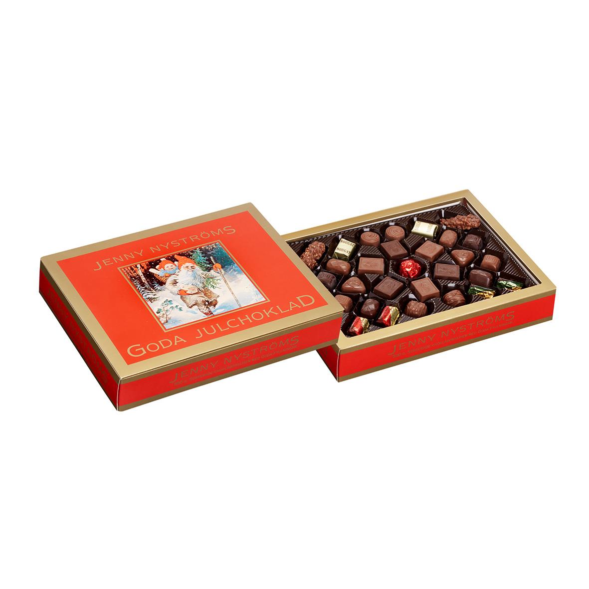 Röd julchokladask med Jenny Nyström-illustration och olika chokladpraliner