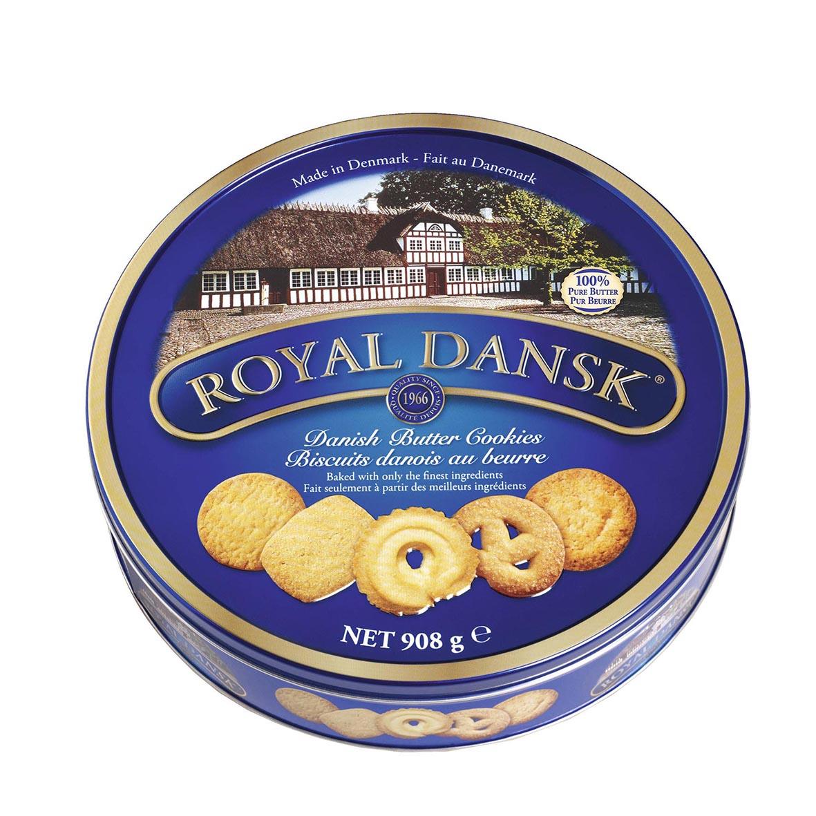 Royal Dansk Butter Cookies plåtburk med 908g kakor, blå och guld design