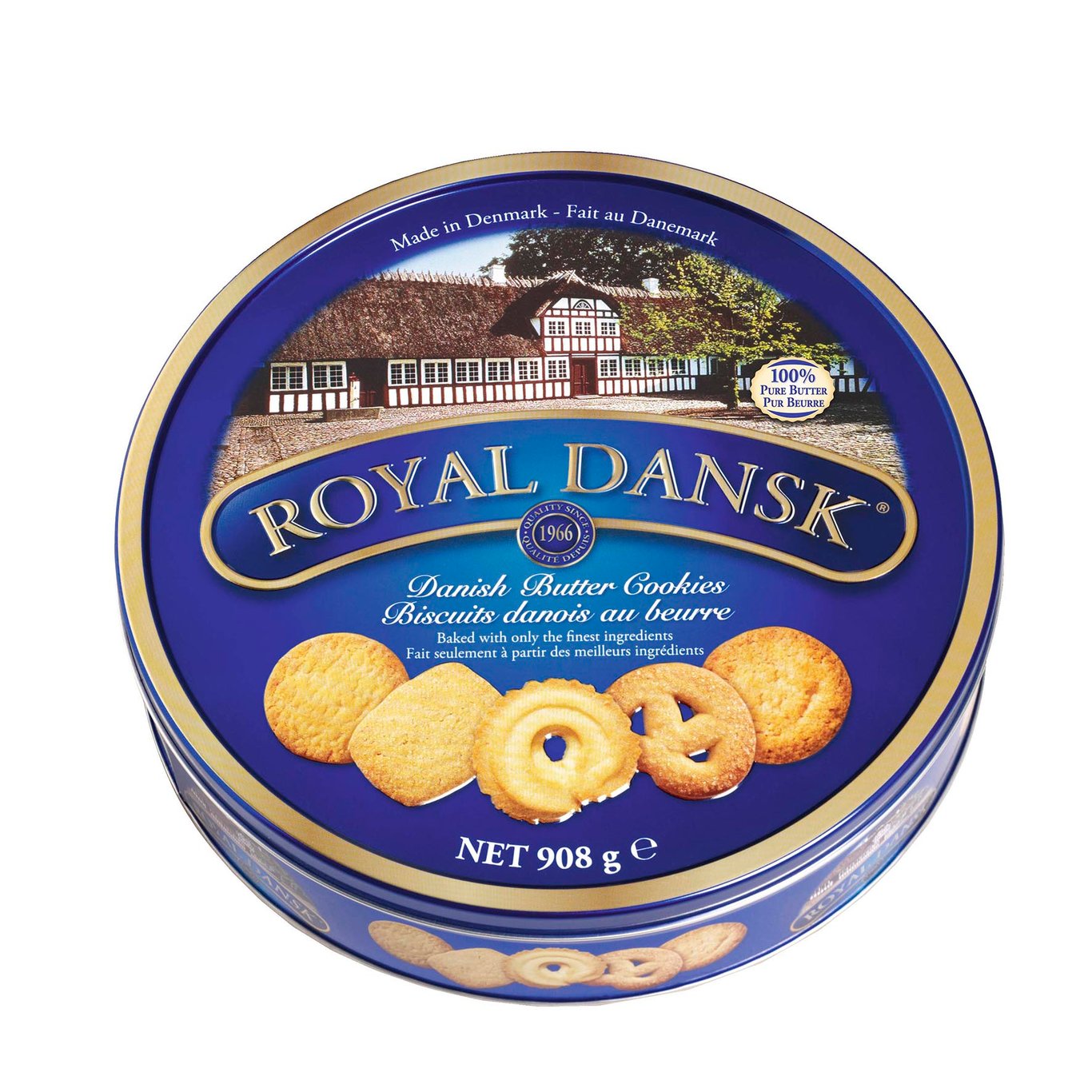 Royal Dansk Butter Cookies plåtburk med 908g kakor, blå och guld design