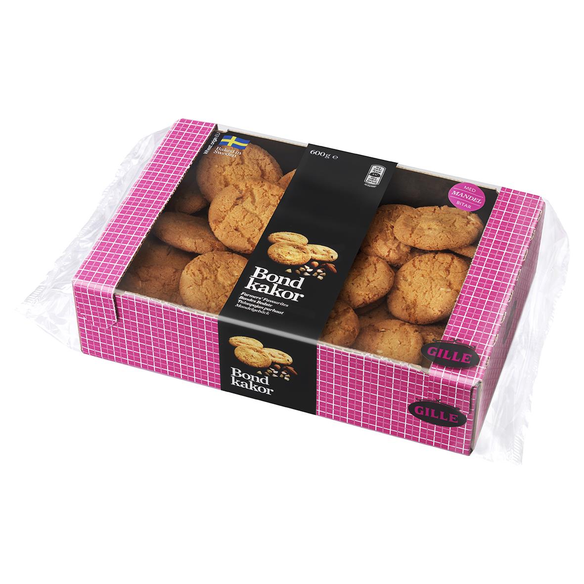 Gille Bondkakor i rosa och svart förpackning med kakor synliga