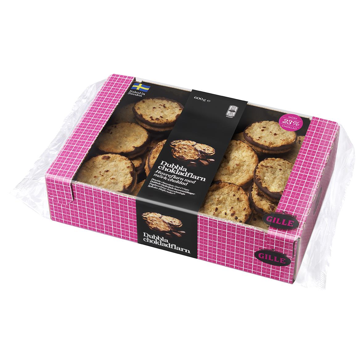 Kakor Gille Dubbla Chokladflarn 600g i rosa och svart förpackning