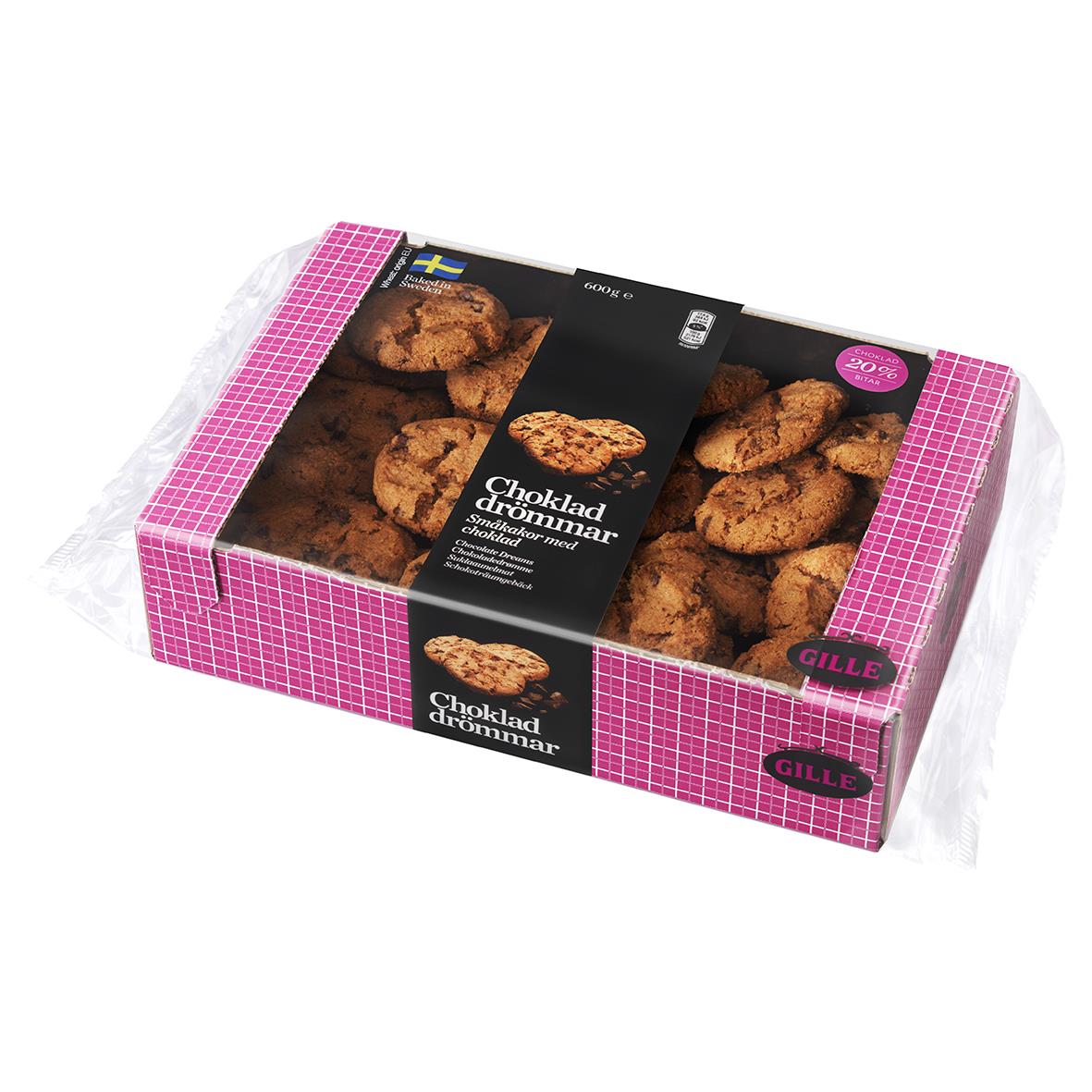 Gille Chokladdrömmar i rosa och svart förpackning med kex på toppen