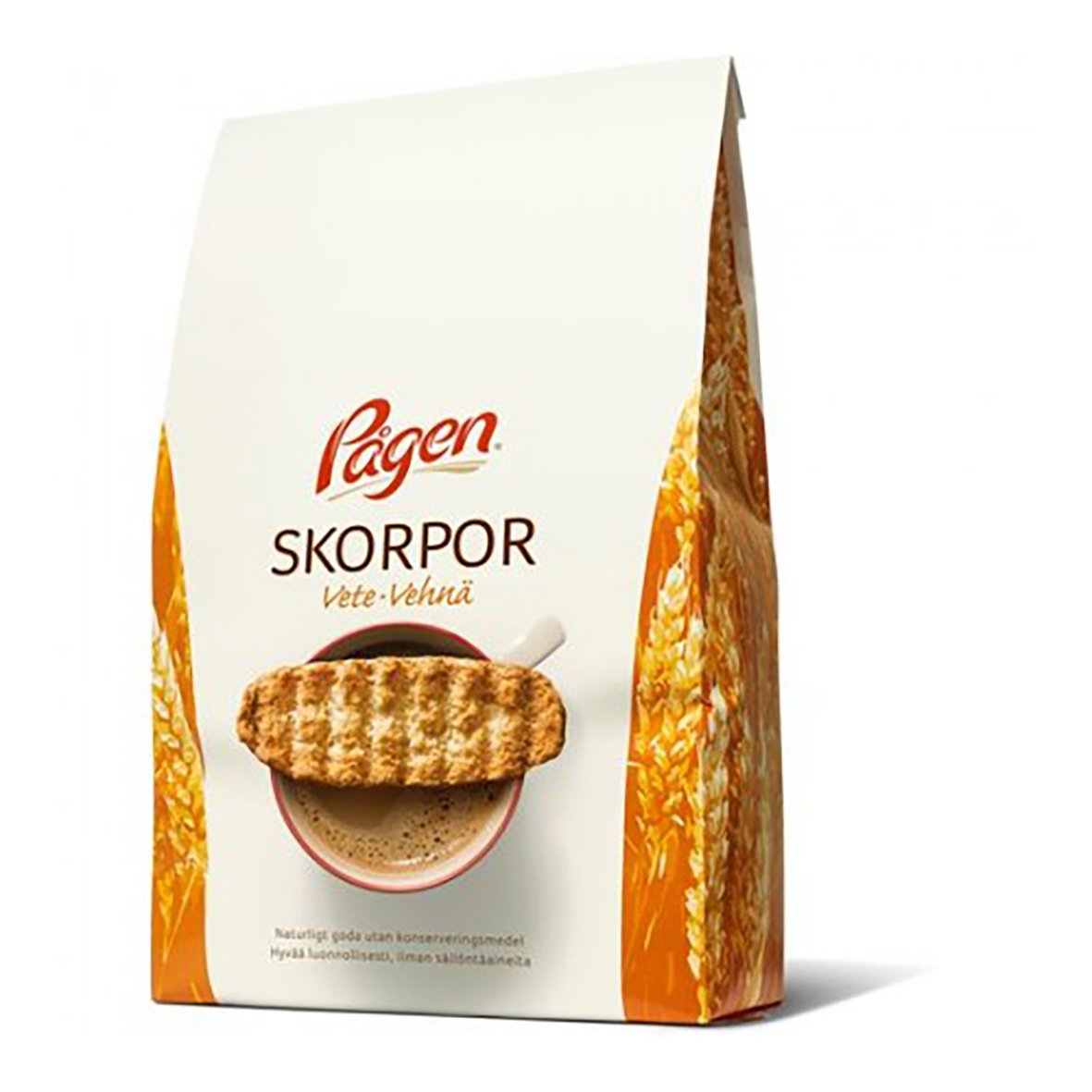 Pågen skorpor Vete 240g i vit förpackning med bild av skorpor och kopp