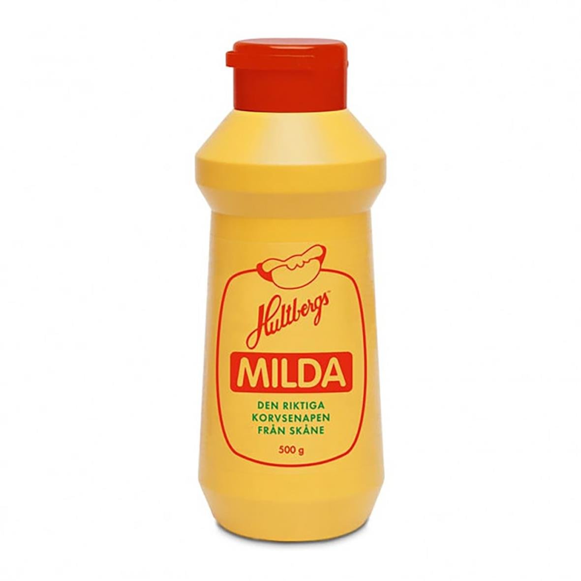 Senap Hultbergs Milda 500g i gul flaska med röd topp