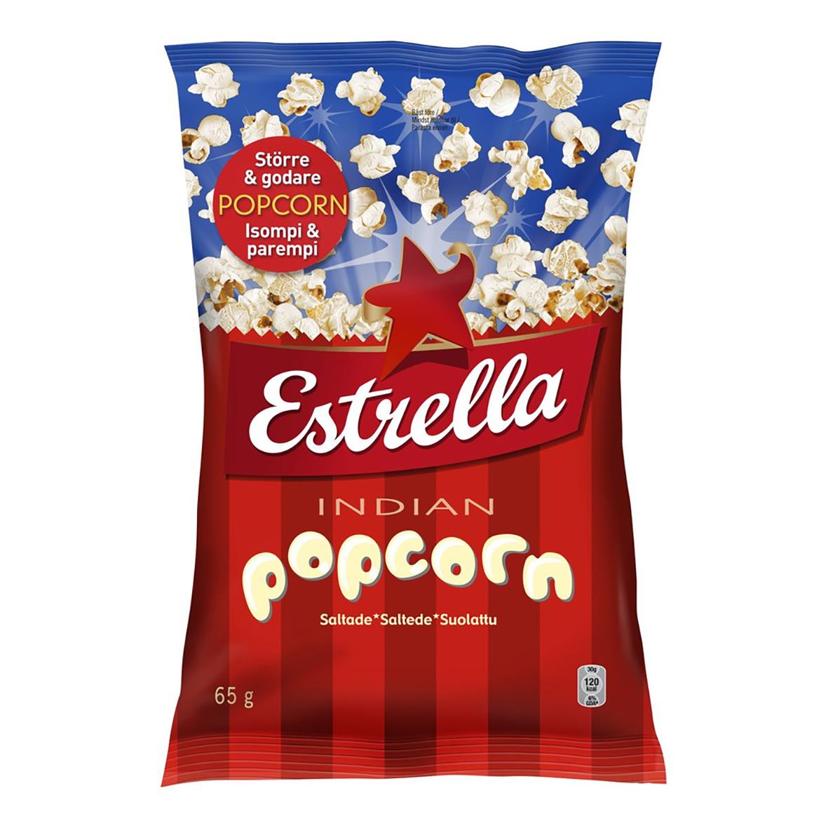 Påse med Estrella Indian Salt popcorn 65g, blå och röd design med popcornbilder