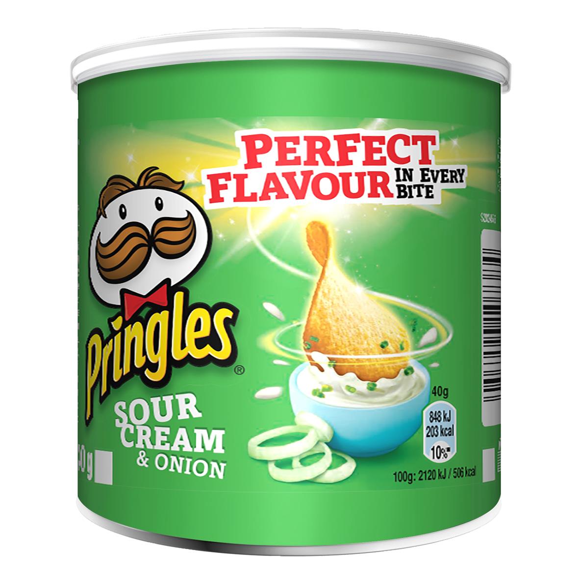 Pringles Sour Cream & Onion Mini 40g i grön burk med Pringles-figur