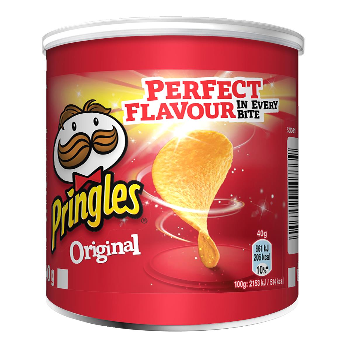 Pringles Original Mini 40g burk med en bild av en Pringles chips och en karikatyr av en man med mustasch