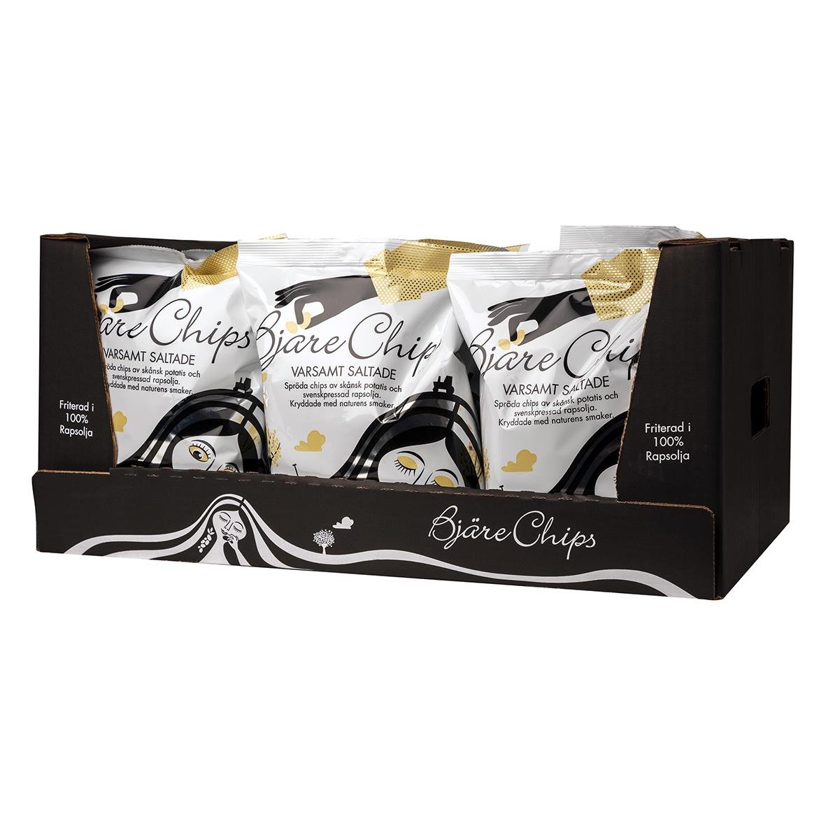 Förpackning med fyra påsar Bjärechips Salt 40g i en svart och vit display