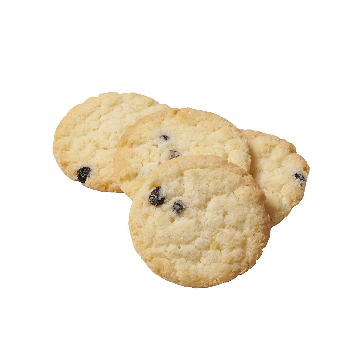 Tre kakor med mörka russin på en vit bakgrund, nyåkers makalös palmoljefria 800g