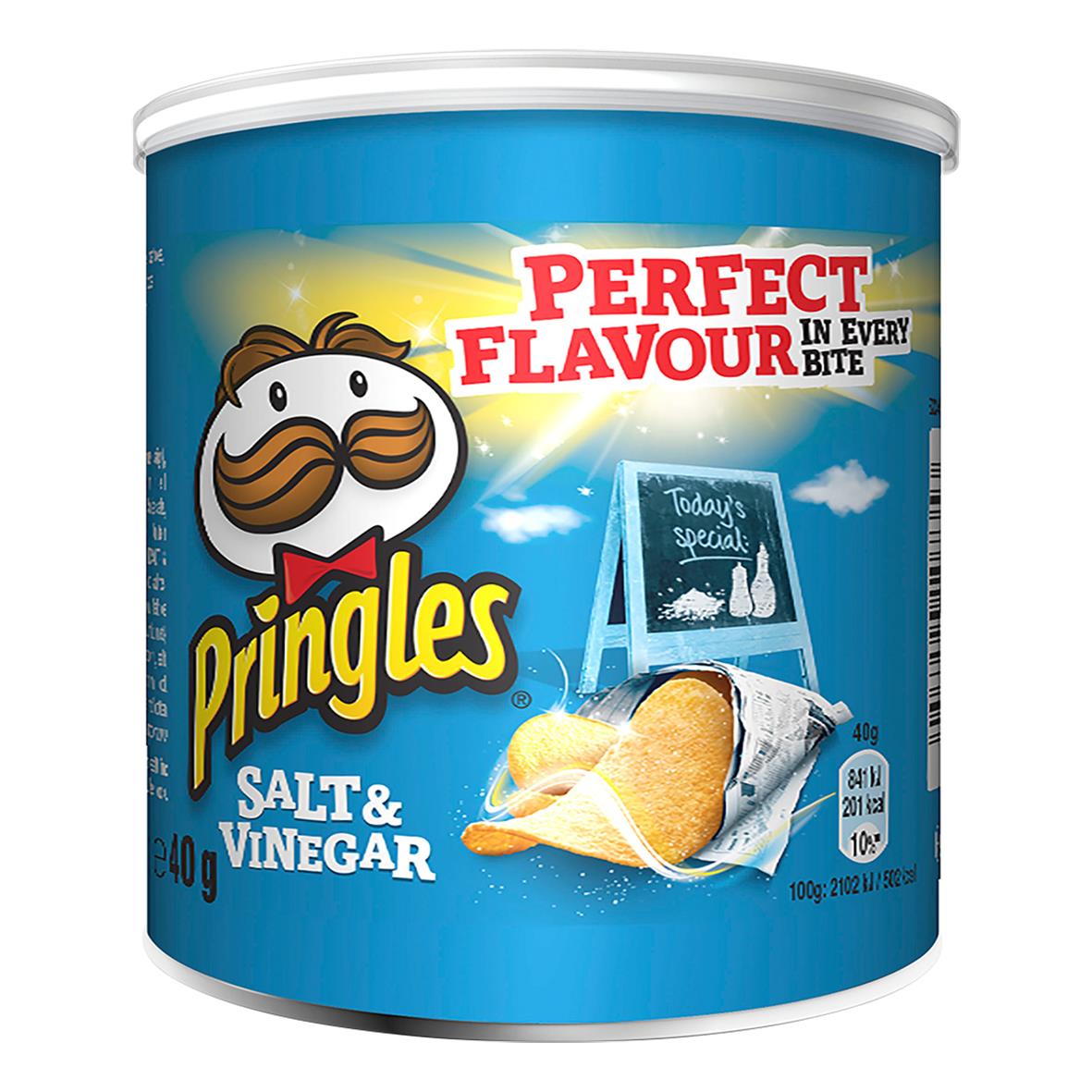 Pringles Salt & Vinegar Mini 40g burk med chips och Pringles mascot