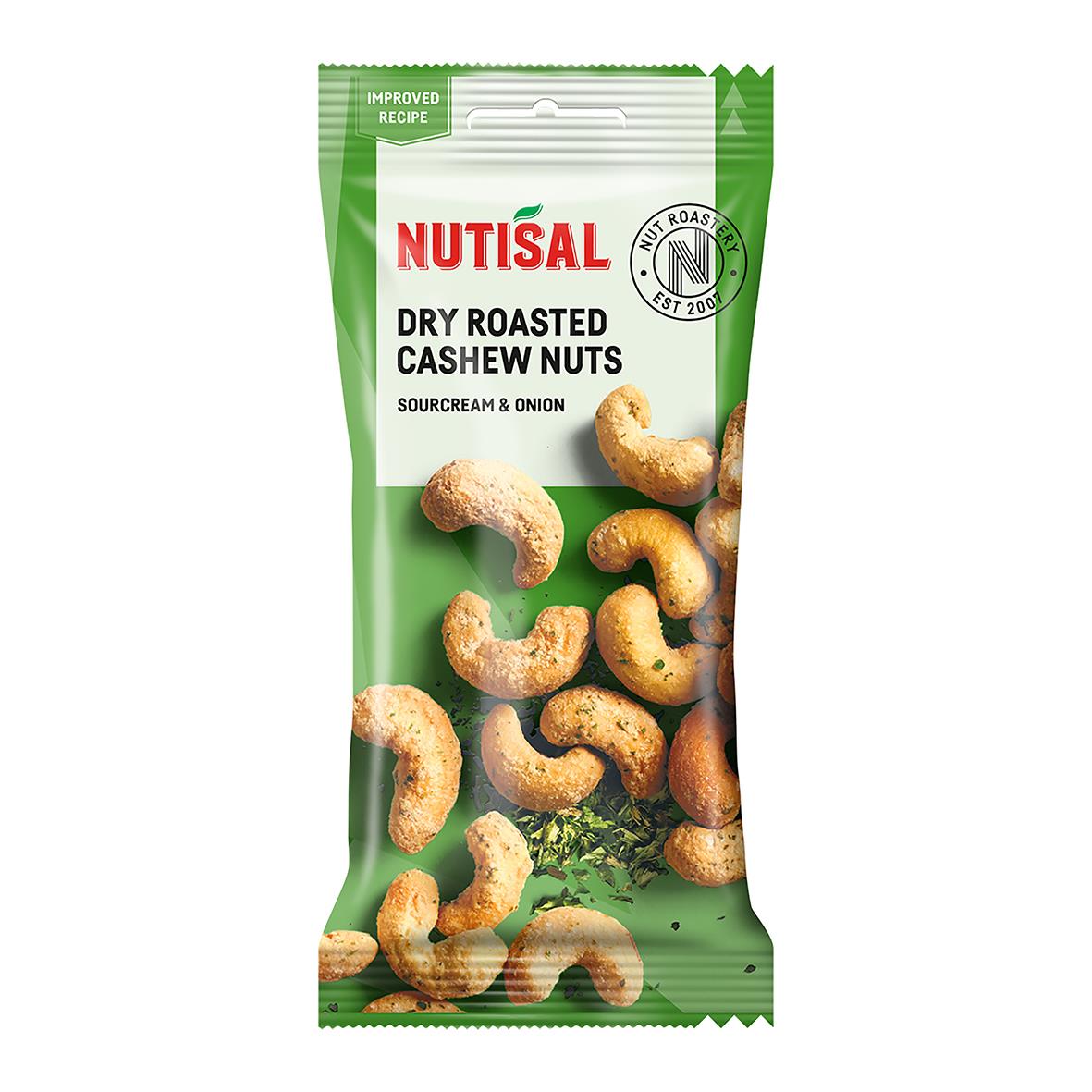 Nötter Nutisal torrrostade cashewnötter med sourcream & onion smak i 60g förpackning