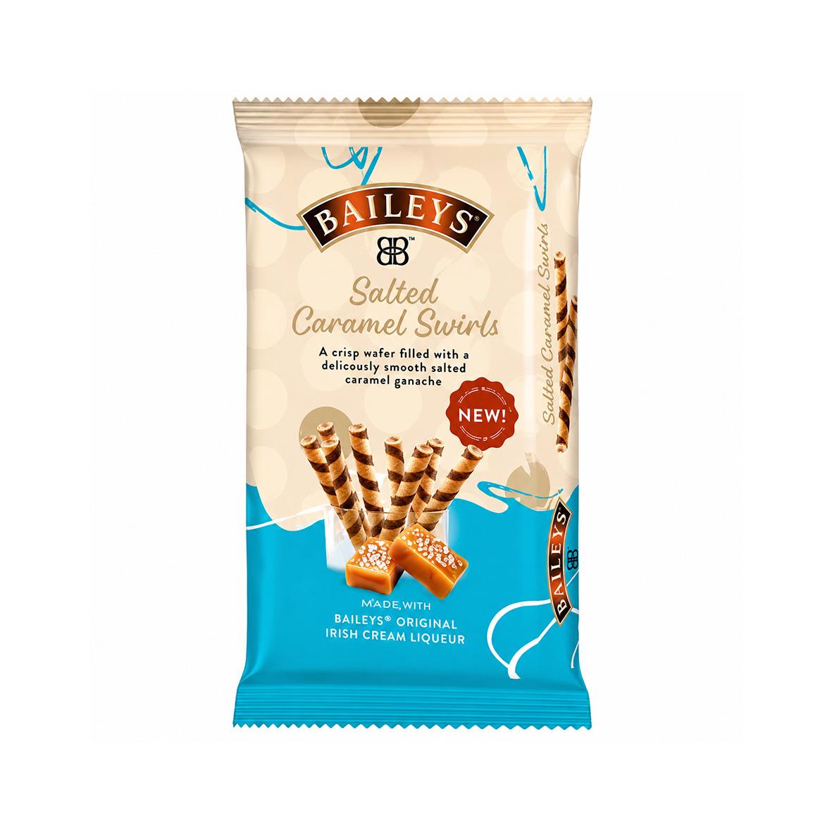 Baileys Salted Caramel Swirls snacks i blå och beige förpackning med bild av karamellstavar