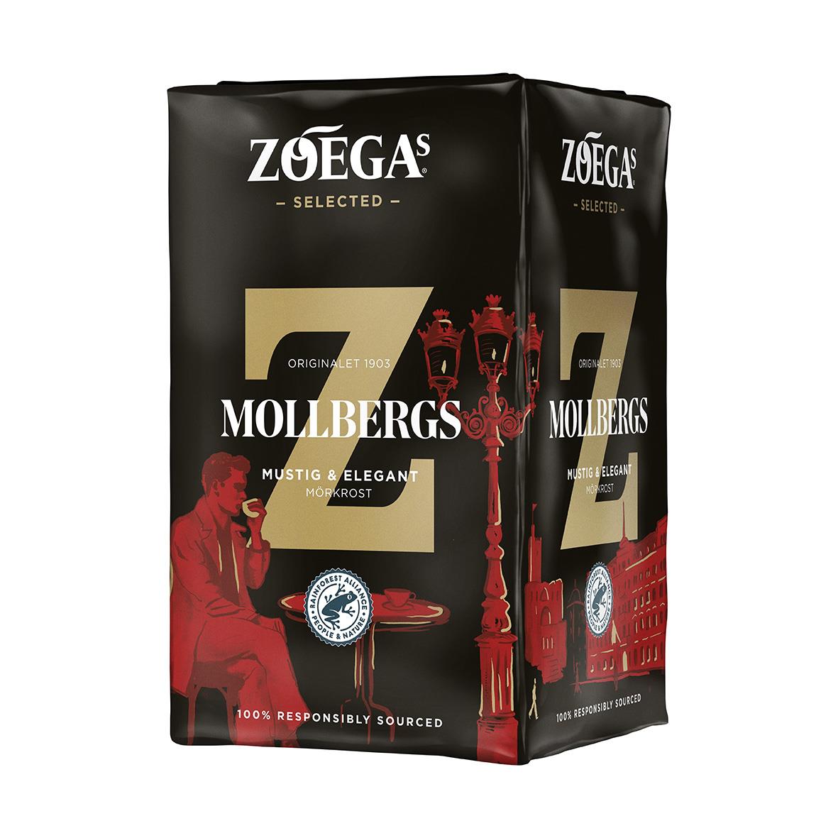 Svart kaffepåse med Zoégas Mollbergs Blandning Brygg 450g, illustration av en man och en gatlykta