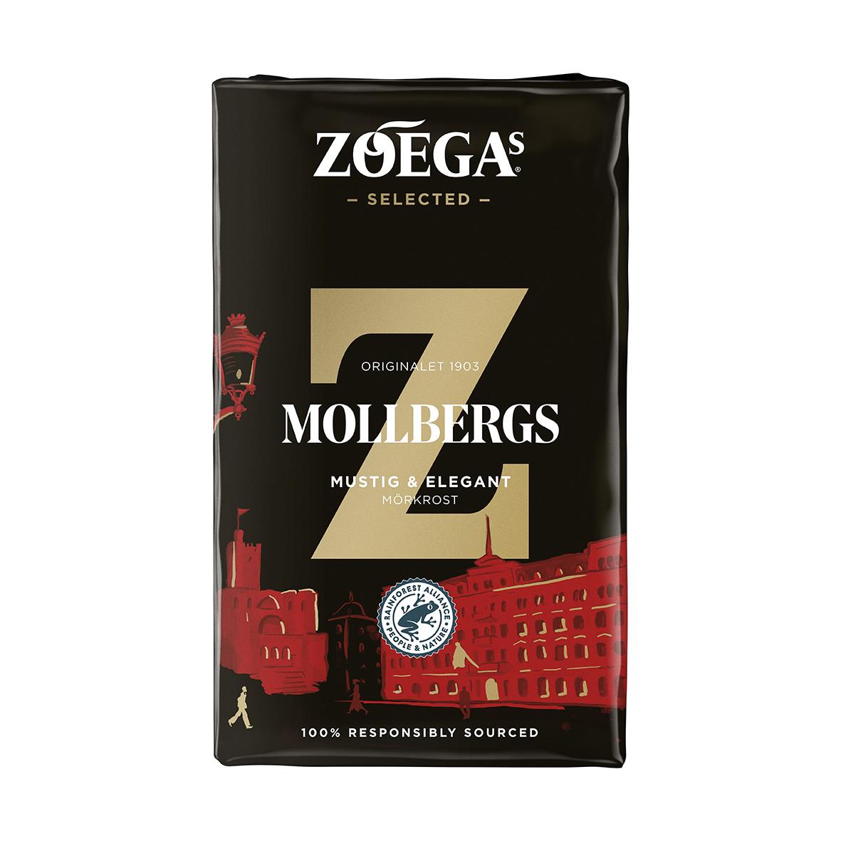 Förpackning av Zoégas Mollbergs Blandning bryggkaffe 450g i svart paket med vitt och rött tryck