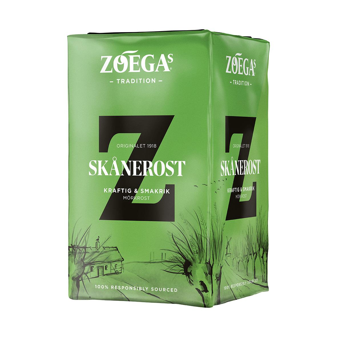 Grönt kaffepaket från Zoégas Skånerost Brygg 450g med svart och vitt text och grönt bakgrund
