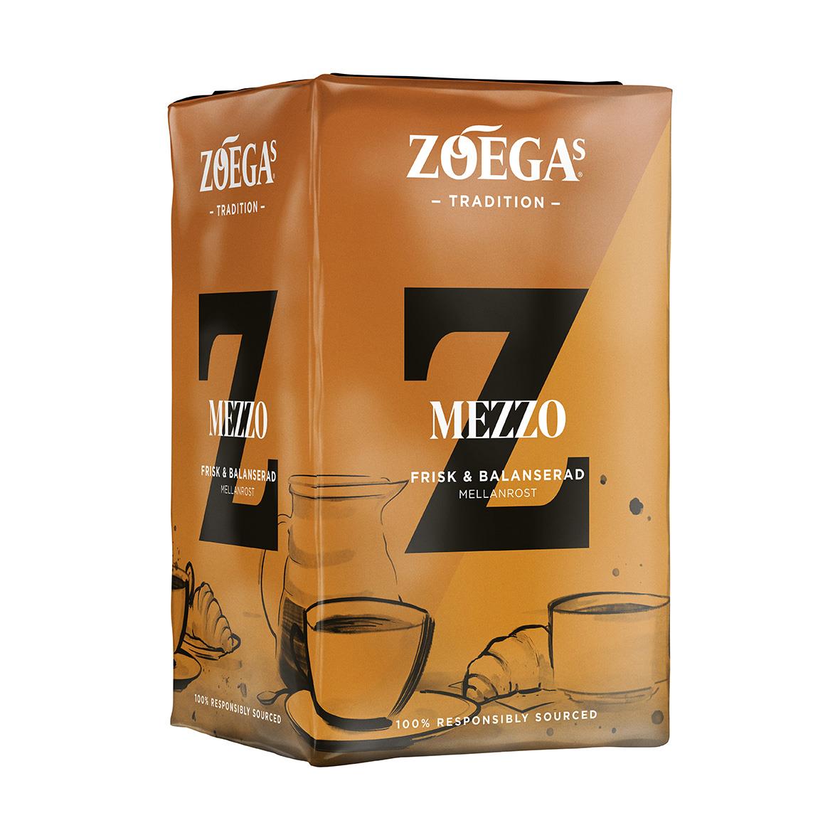 Förpackning av Zoégas Mezzo bryggkaffe 450g i brunt paket med svart och vitt text