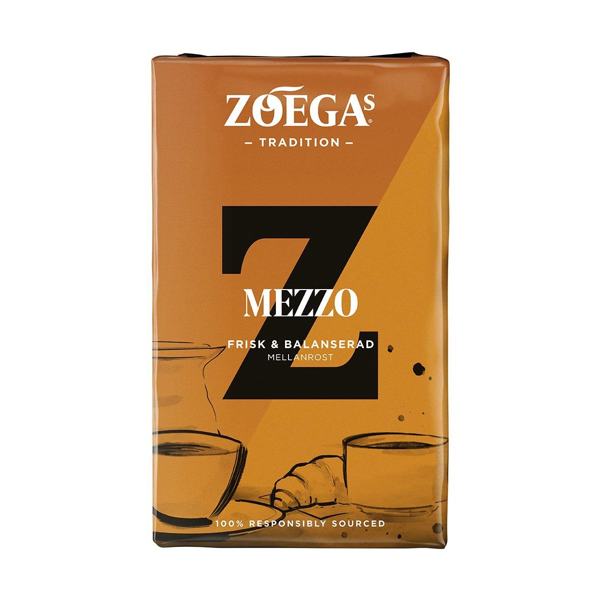 Kaffe Zoégas Mezzo Brygg 450g i orange förpackning med bild av kaffekoppar